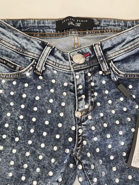 Philipp Plein Women's Slim Fit Studded Acid Wash Jeans - Blue, Size 26, NWT